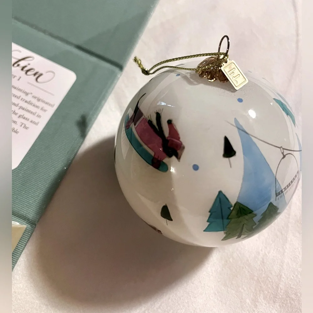 Pier One Holiday Glass Ornament with Winter Dogs Scene